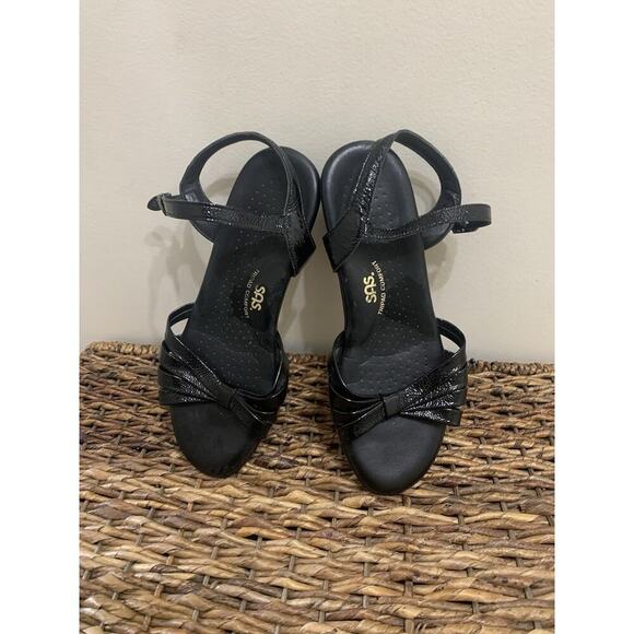 SAS Strippy Black Leather Wedge Heel Tripad Comfort Strappy Sandals Women 8.5M - Picture 1 of 8